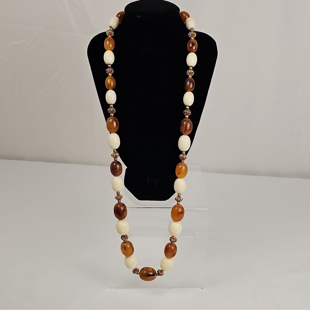 Vintage 1950s Lucite Hollow Bead Necklace Brown Ivory 16" Box Clasp